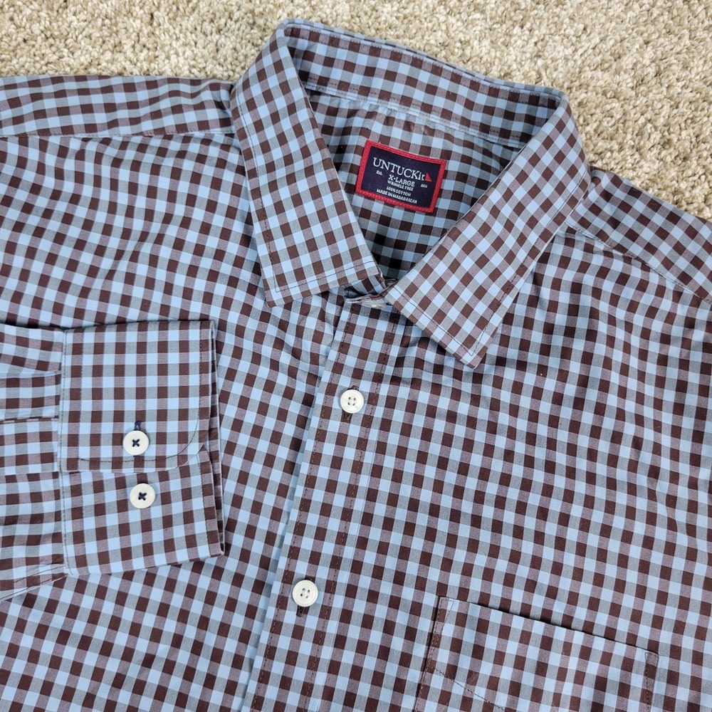 Untuckit Wrinkle Free Mens XL Blue Brown Gingham Check Button Up Long Sleeve